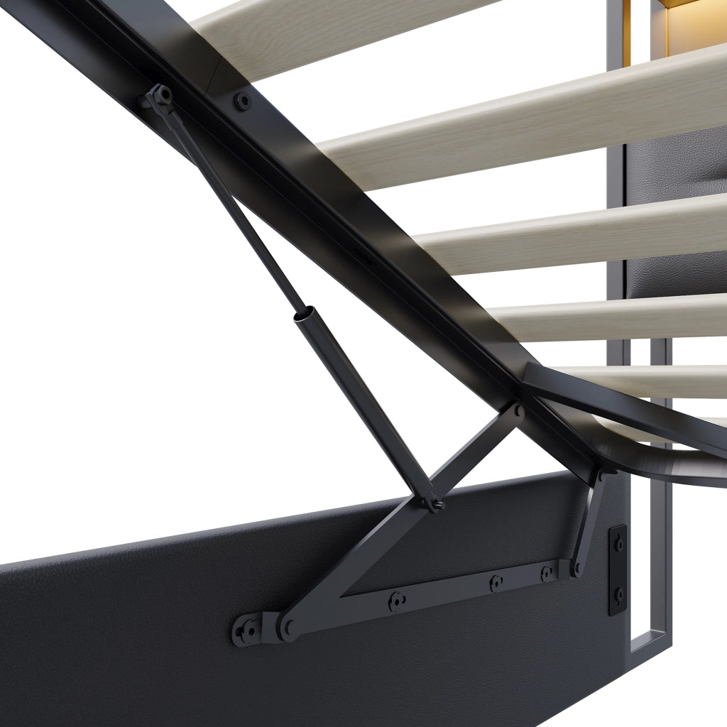 Letto 160x200 cm con ripiani e luci LED in pelle PU nera