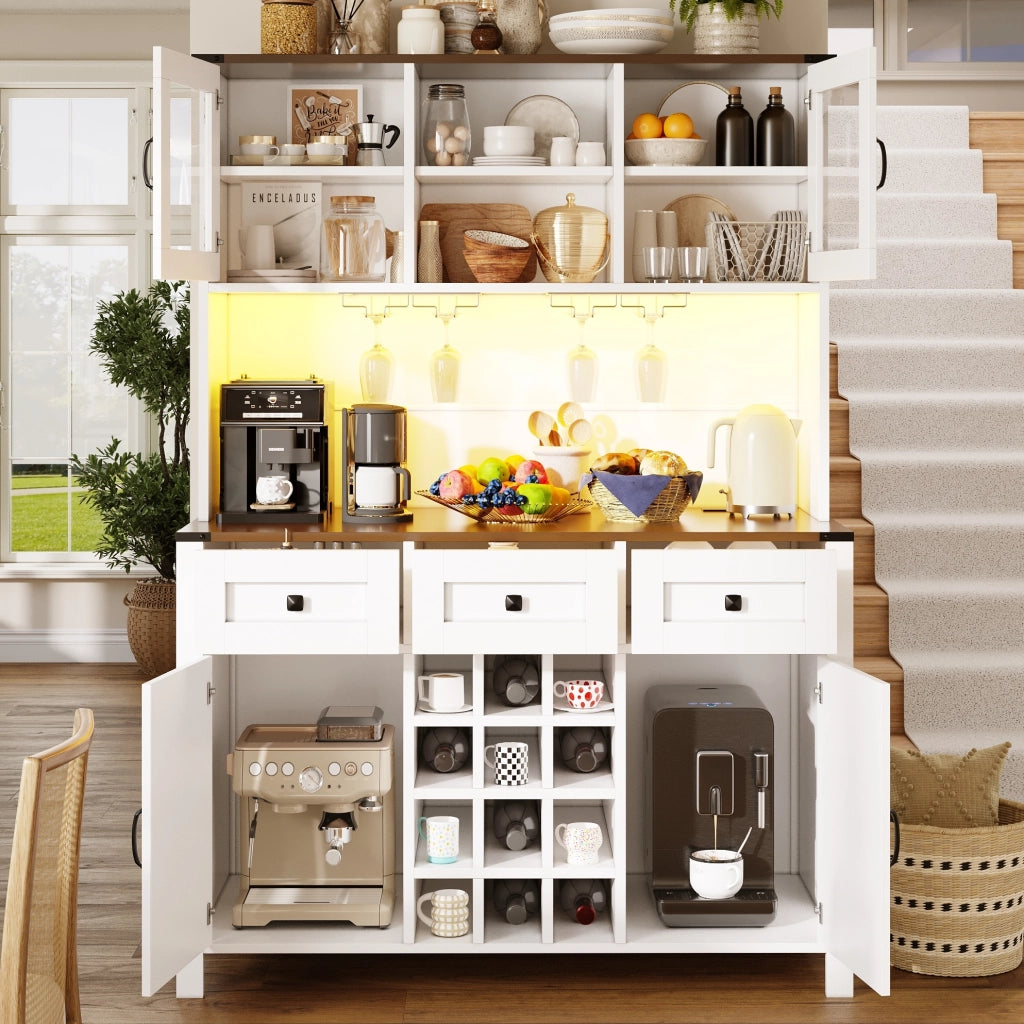 Armadio da cucina 120x40x170 cm con illuminazione LED e prese USB in MDF e vetro bianco
