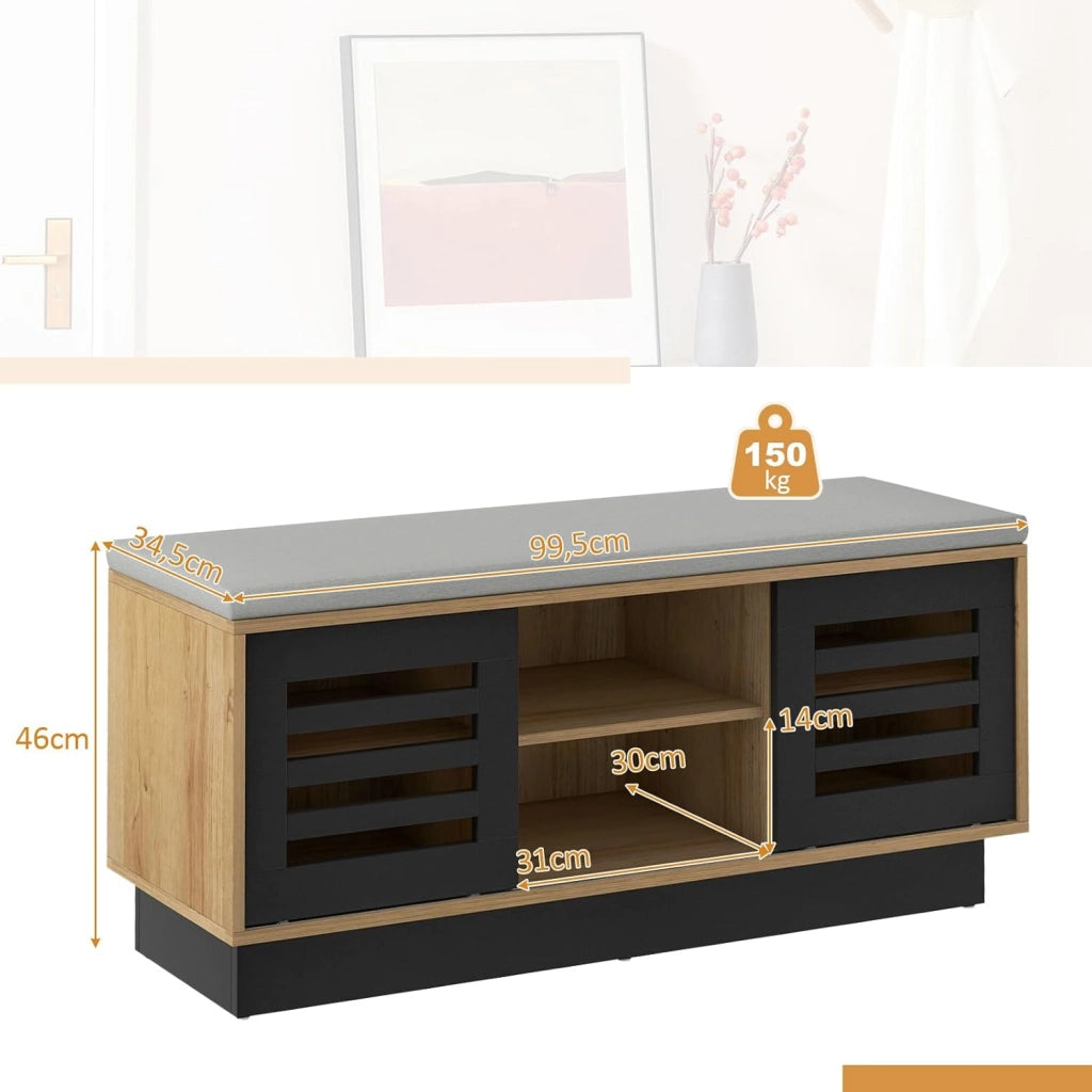Panca Scarpiera con 6 Scomparti e 3 Ripiani Regolabili, Panca Porta Scarpe con Cuscino, Scarpiera con 2 Ante Scorrevoli, Mobile Scarpe per Ingresso, Soggiorno, 99,5 x 34,5 x 46 cm (Marrone)