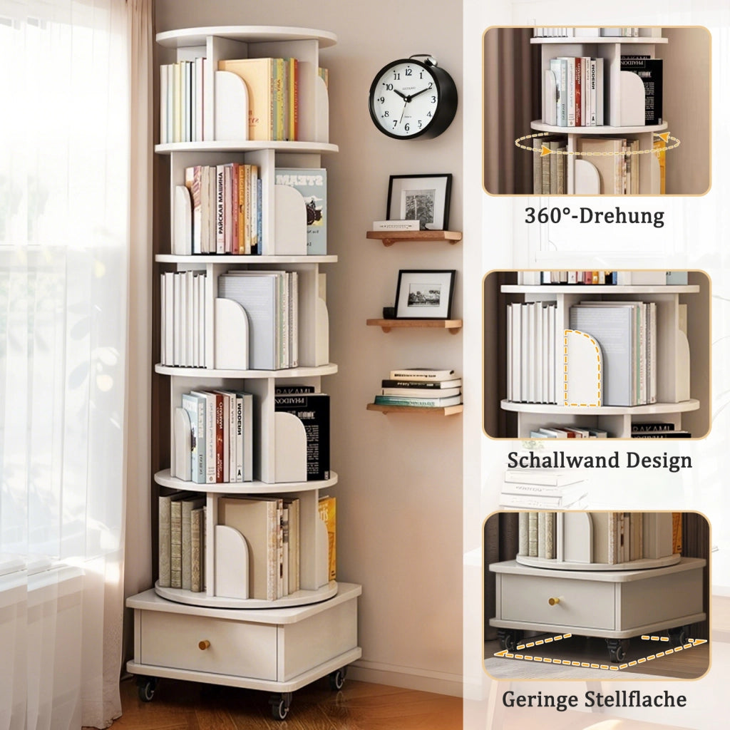 LIBRERIA Girevole 360° con cassetto e ruote Bianca in MDF