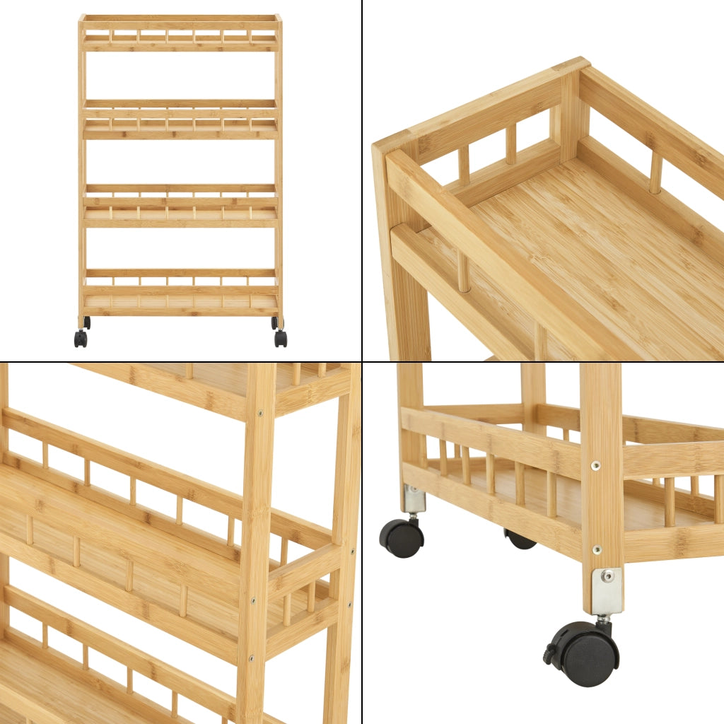 Scaffale Stretto a Rotelle 'Pyhäjoki' con 4 Ripiani in Bambù per Cucina / Bagno - color Naturale [en.casa]