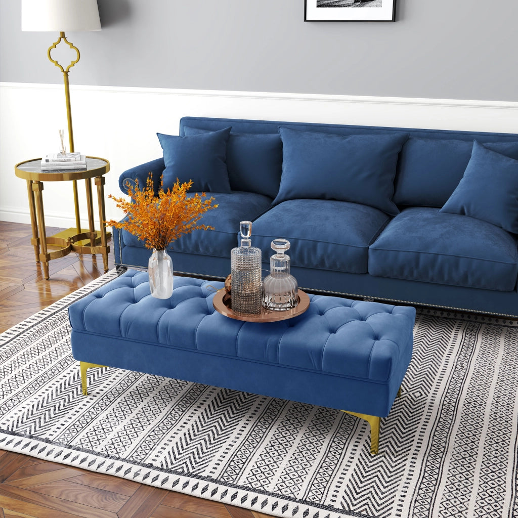Letto contenitore imbottito ¨C zephmum ¨C Tessuto velluto, base metallo dorato, 118x45x42 cm, Blu