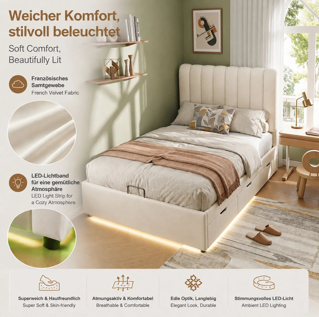 Letto contenitore per ragazzi in velluto beige con LED e 3 cassetti