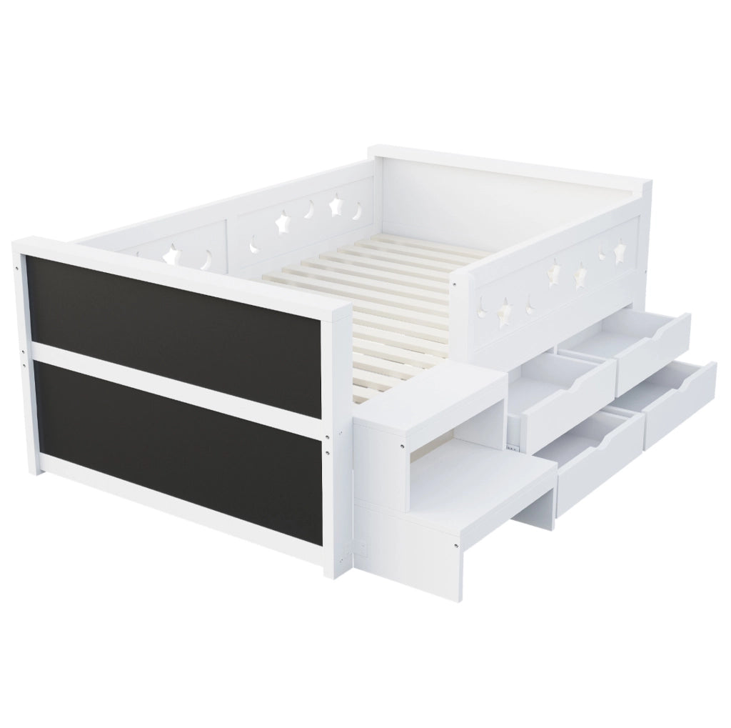 Letto singolo per bambini 90x200 cm con sponde; 4 cassetti; LED e lavagna; bianco