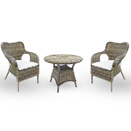 Set di 2 poltrone con 1 tavolino Kariba in rattan grigio con cuscini in omaggio