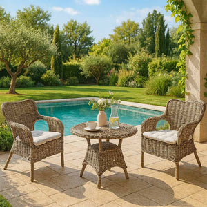 Set di 2 poltrone con 1 tavolino Kariba in rattan grigio con cuscini in omaggio