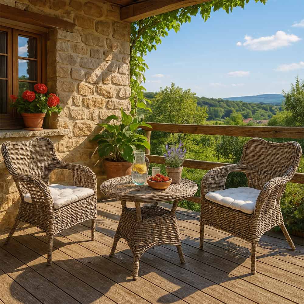 Set di 2 poltrone con 1 tavolino Kariba in rattan grigio con cuscini in omaggio