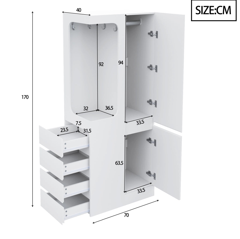 Armadio singolo 70x40x170 cm con cassetti e vano appendiabiti aperto, colore bianco