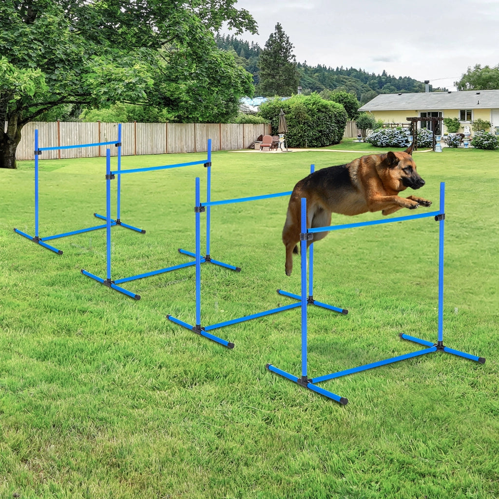 Giochi da arrampicata set agility per cani con 4 ostacoli 2 aste slalom e 4 aste a terra in plastica blu