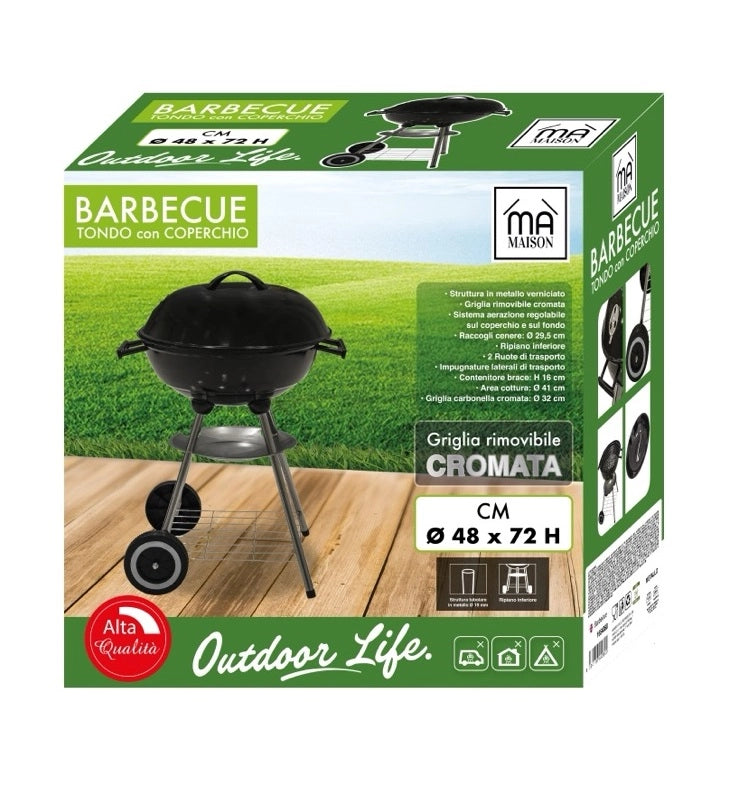 BARBECUE TONDO CON COPERCHIO CM.48X72 H CON GRIGLIA CROMATA RIMOVIBILE