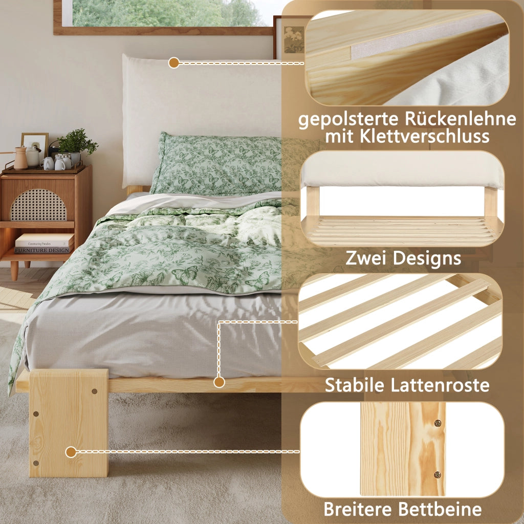 Letto Singolo 90x200 cm - Schienale Imbottito; Doghe Robuste e Gambe Larghe - Naturale