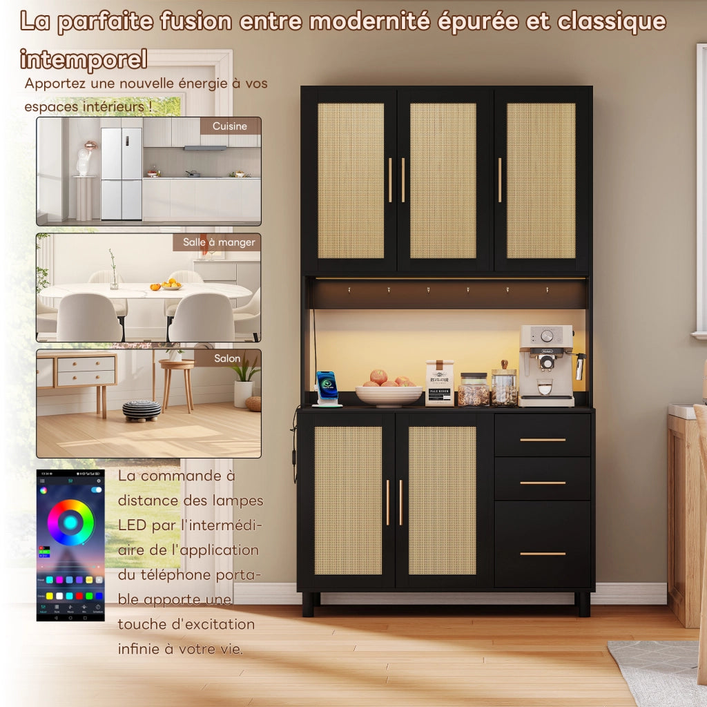 Credenza da Cucina con 3 Cassetti 3 Ante LED; Prese e USB; Ripiani Regolabili; in MDF; Nera