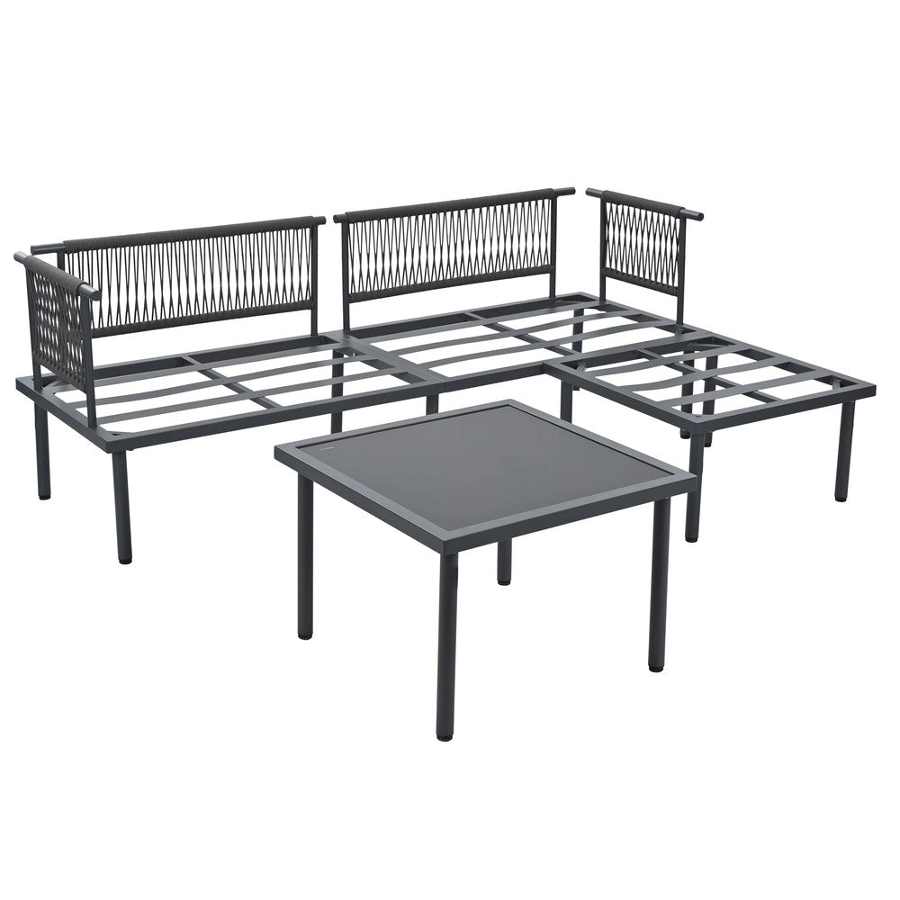 Set Divano da Giardino con Tavolino e Poggiapiedi ¨C Xylo ¨C Polyrattan, Grigio/Nero