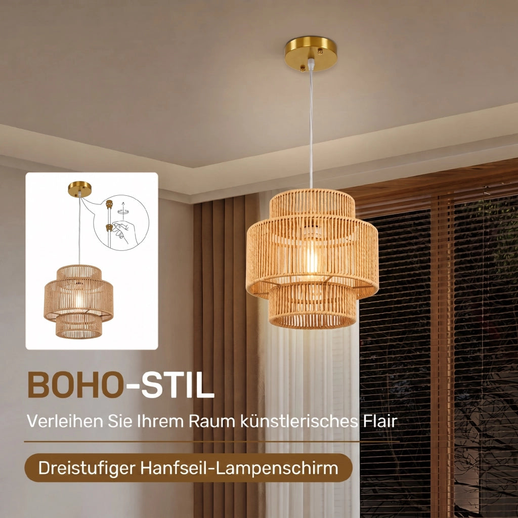 Hängelampe, 3-stufiger Lampenschirm, Metall, Hanfseil, Hellbraun