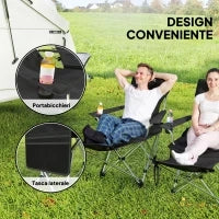 Set 2 Sedie da Campeggio Pieghevoli con Poggiapiedi Staccabile e Portabicchieri, 82x50/100x88 cm, Nero