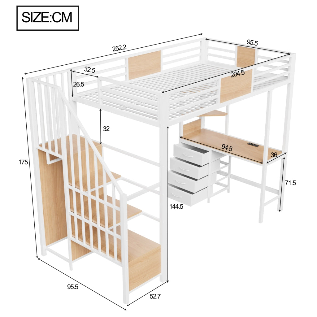 LETTO A SOPPALCO 90x200 cm in metallo bianco con scrivania, ripiani, barra appenderia, LED e presa