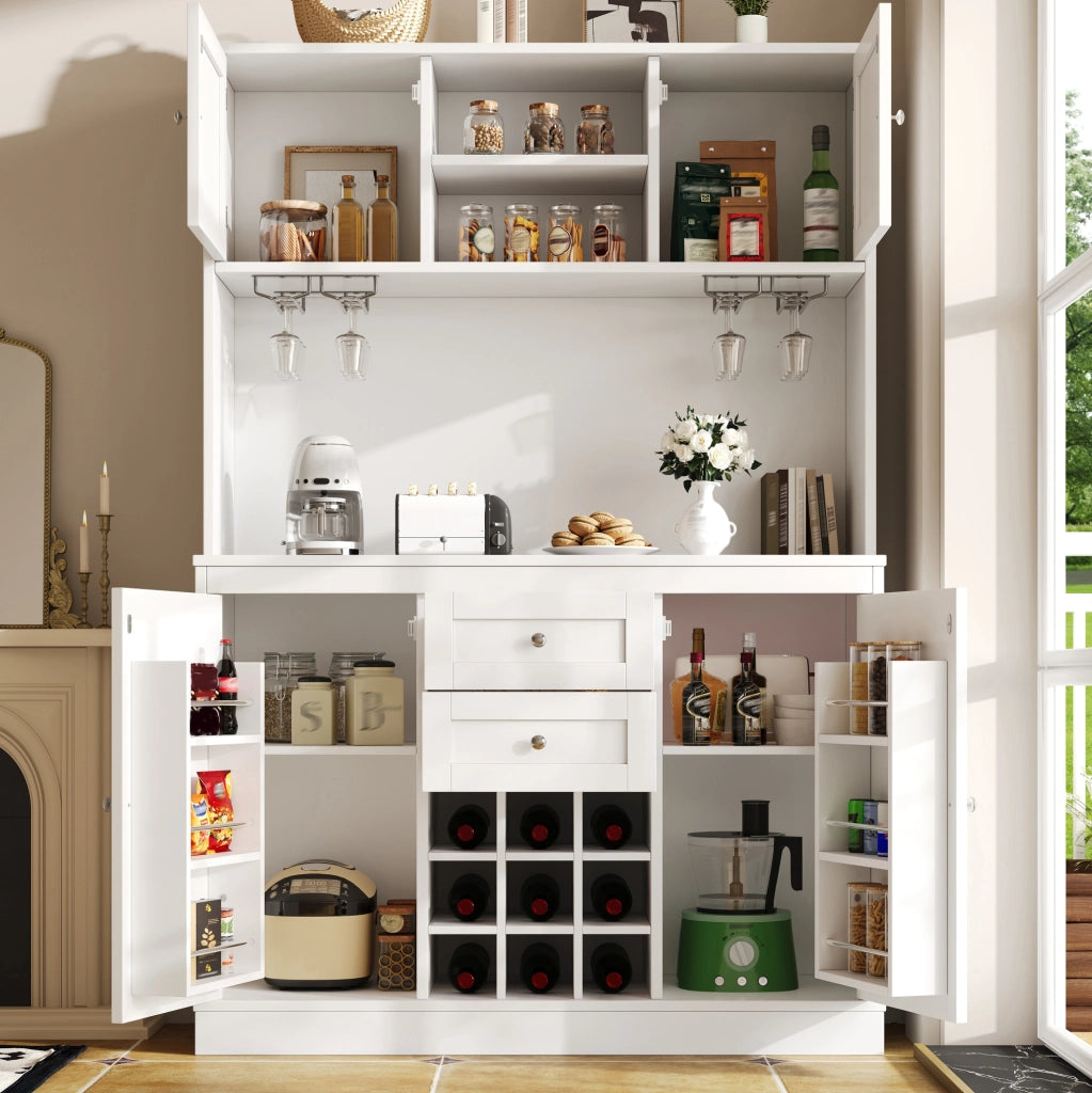 Credenza alta da cucina bianca 120x40x188 cm con portabottiglie