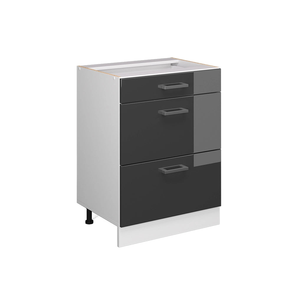 Mobiletto base per cucina R-Line Antracite lucido/Bianco 60 cm con cassetti, senza piano di lavoro Vicco