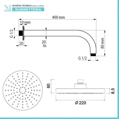Set doccia Prima braccio 40 cm + soffione Abs 22 cm + kit doccia + miscelatore