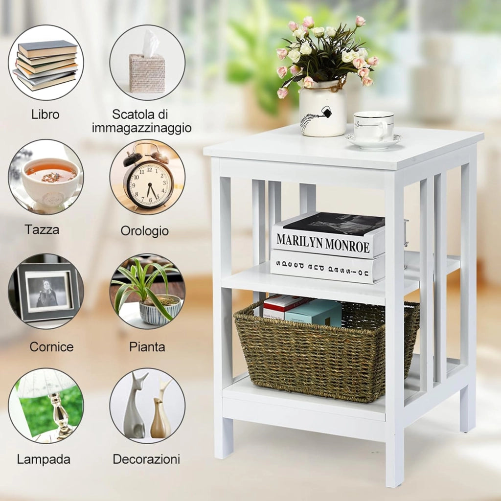 Comodino per Camera da Letto, Comodino a 3 Livelli, Tavolino da Soggiorno in Legno, Portata Totale 20 kg, 40 x 40 x 61 cm (1, Bianco)