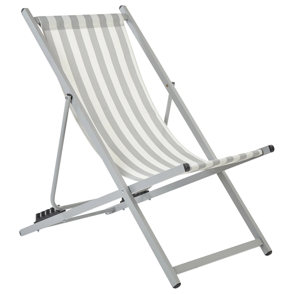 Sedia a sdraio pieghevole Bianco Grigio Textilene a strisce Sedile a fionda Sedia da spiaggia Schienale regolabile Patio Reclinabile