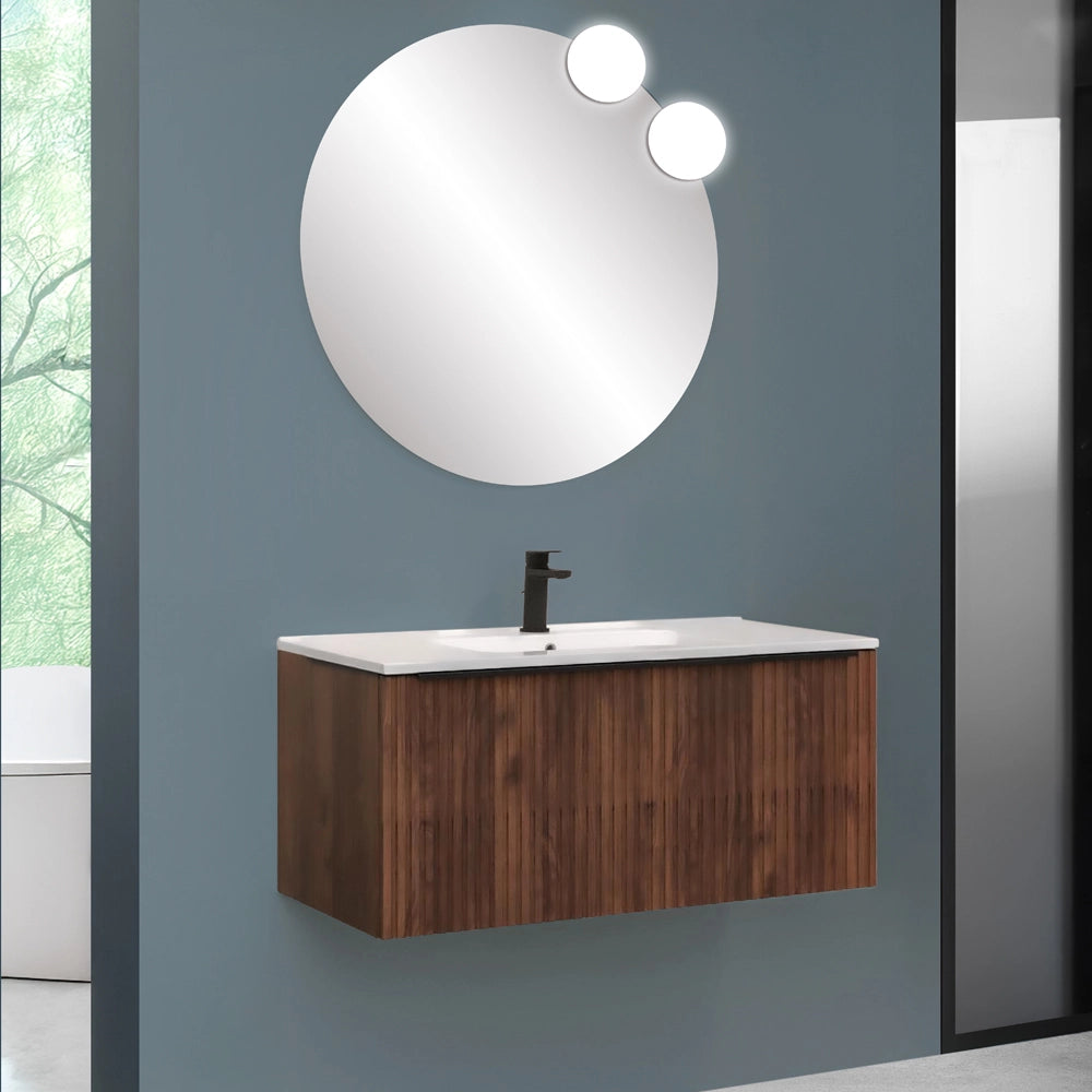 Mobile bagno sospeso 90 cm noce maya cannettato con cassetto e lavabo Nara