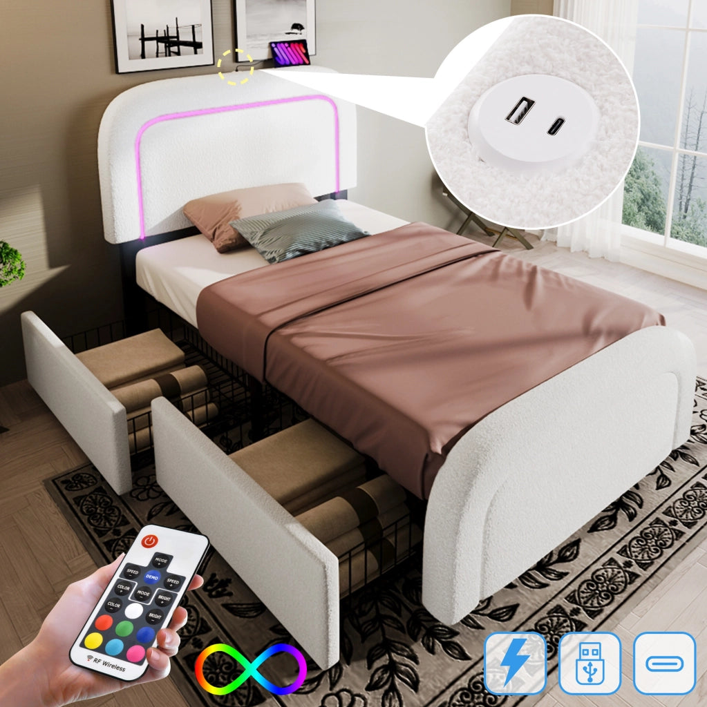 Letto singolo imbottito 90x200 cm con materasso, LED e USB-C