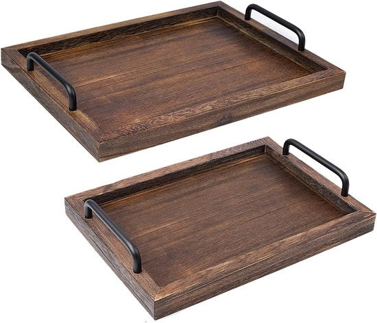 Set di tavoli di servizio in legno rustico da 2 con maniglie per un servizio elegante