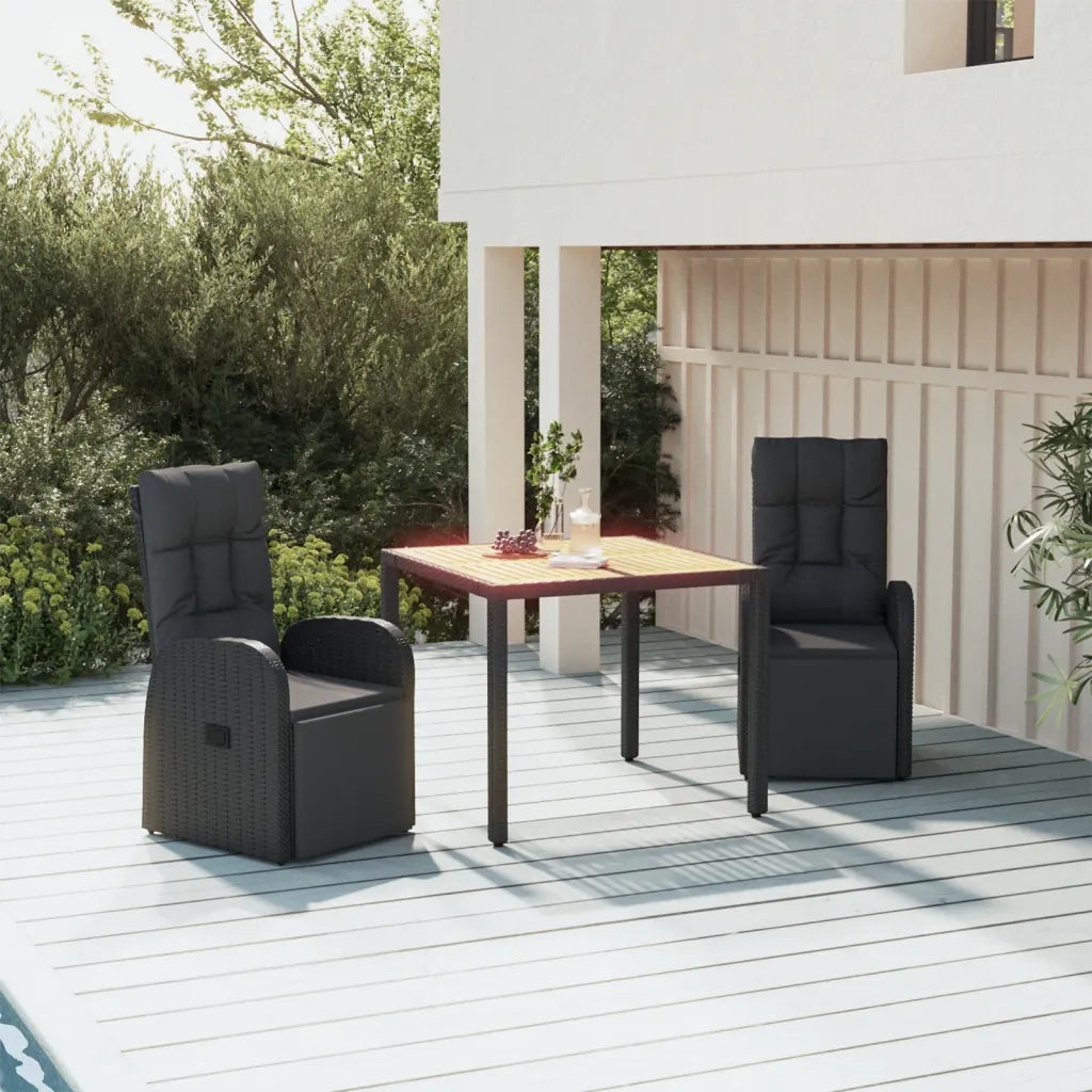 Set Pranzo Giardino 3pz | Set Salotto da Giardino Nero Polyrattan e Legno Massello Acacia