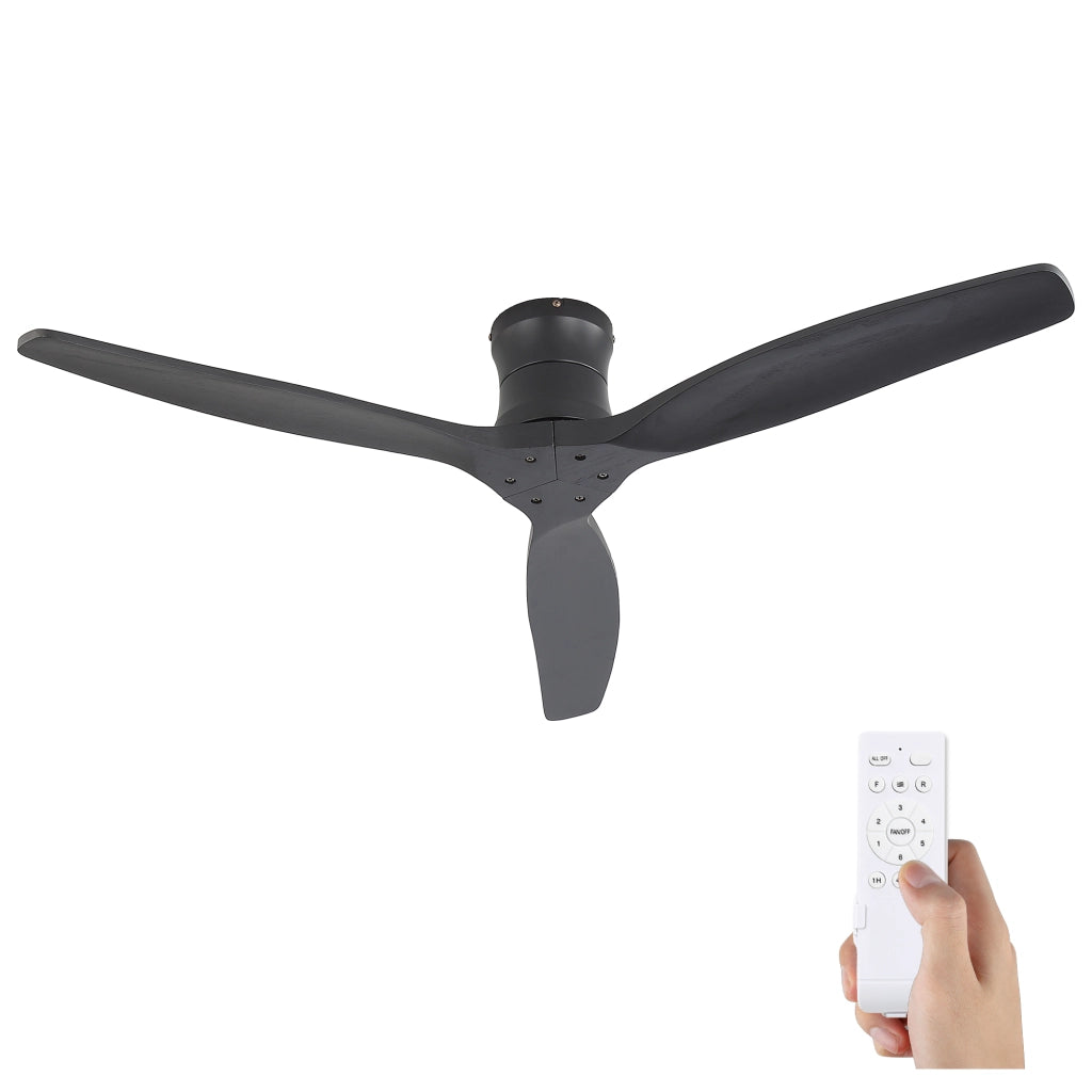 Ventilatore da soffitto nero opaco con motore DC reversibile e telecomando