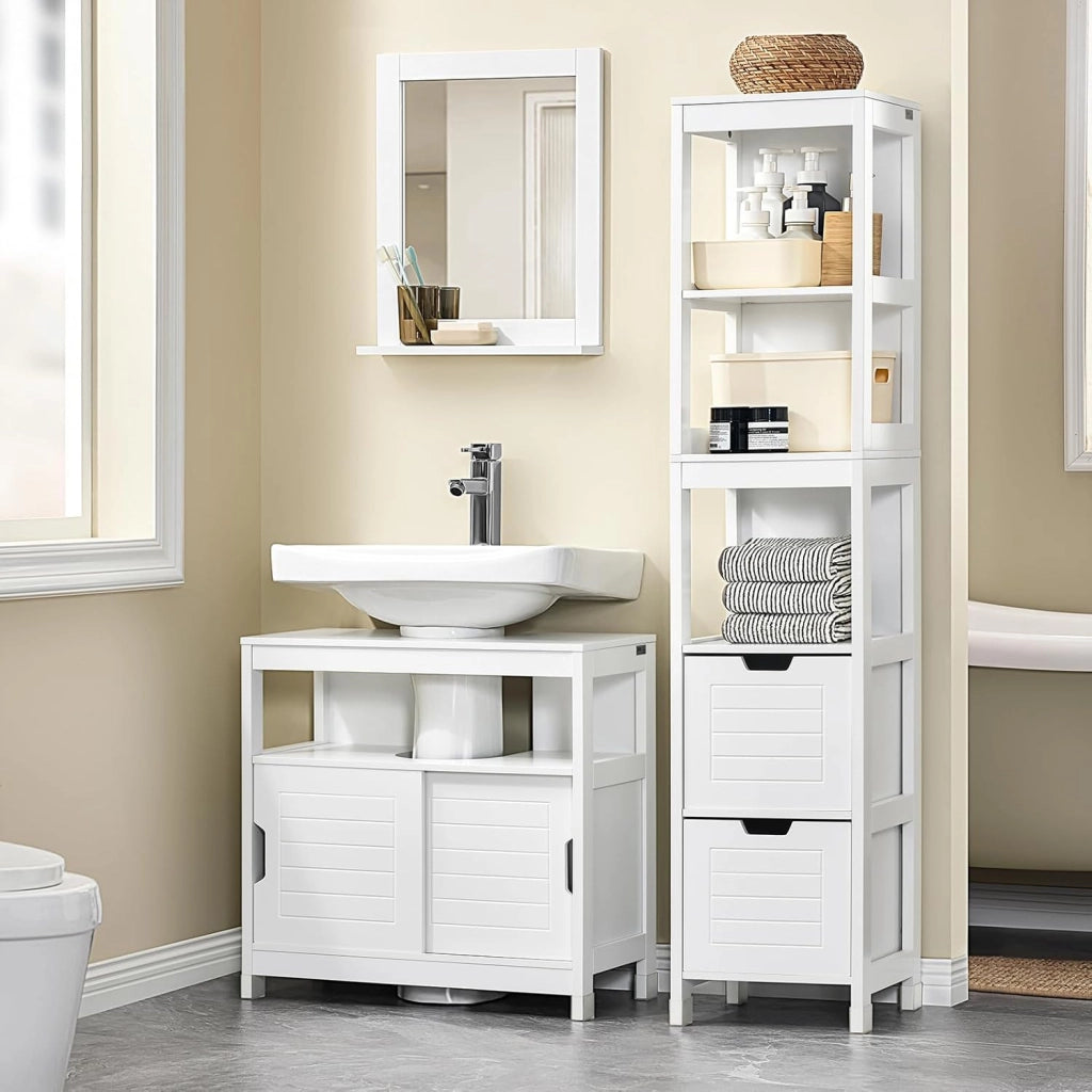 Mobiletto Bagno Salvaspazio - Armadio Salvaspazio 2 Ante Scorrevoli e Ripiano Aperto - Mobile Sottolavabo per Bagno Moderno Piccolo – Bianco, 60x30x60cm, FRG128-II-W