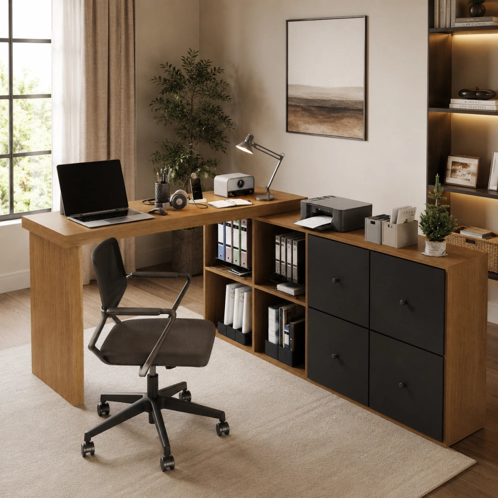 Scrivania angolare girevole 360° in MDF; con 8 scomparti; nero e rovere