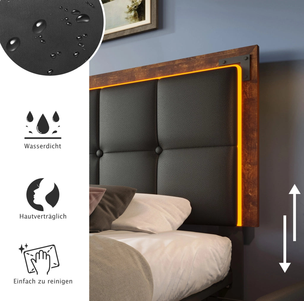 Letto singolo imbottito 90x200 cm in PU nero con LED; testiera regolabile e 4 cassetti