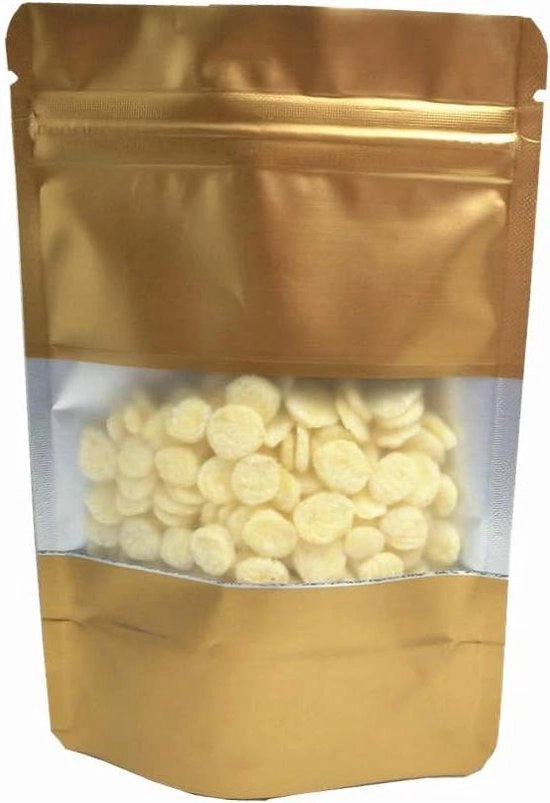 50 sacchetti Mylar con finestra - contenitori di conservazione alimentare a stand-up - sacchetti con cerniera - imballaggio chiuso - 12 x 20 cm - oro
