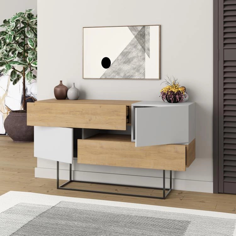 Consolle Moderna 145x40x82 cm con 2 Ante 2 Cassetti e Gambe Alte Zaffiro di Quercia e Bianco