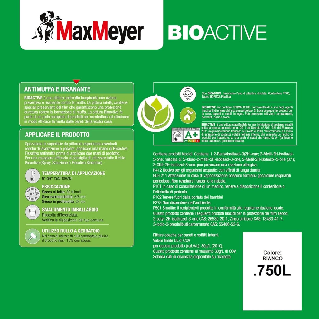 Idropittura Antimuffa per Interni BIOACTIVE A+, Colore Bianco, 0.75L