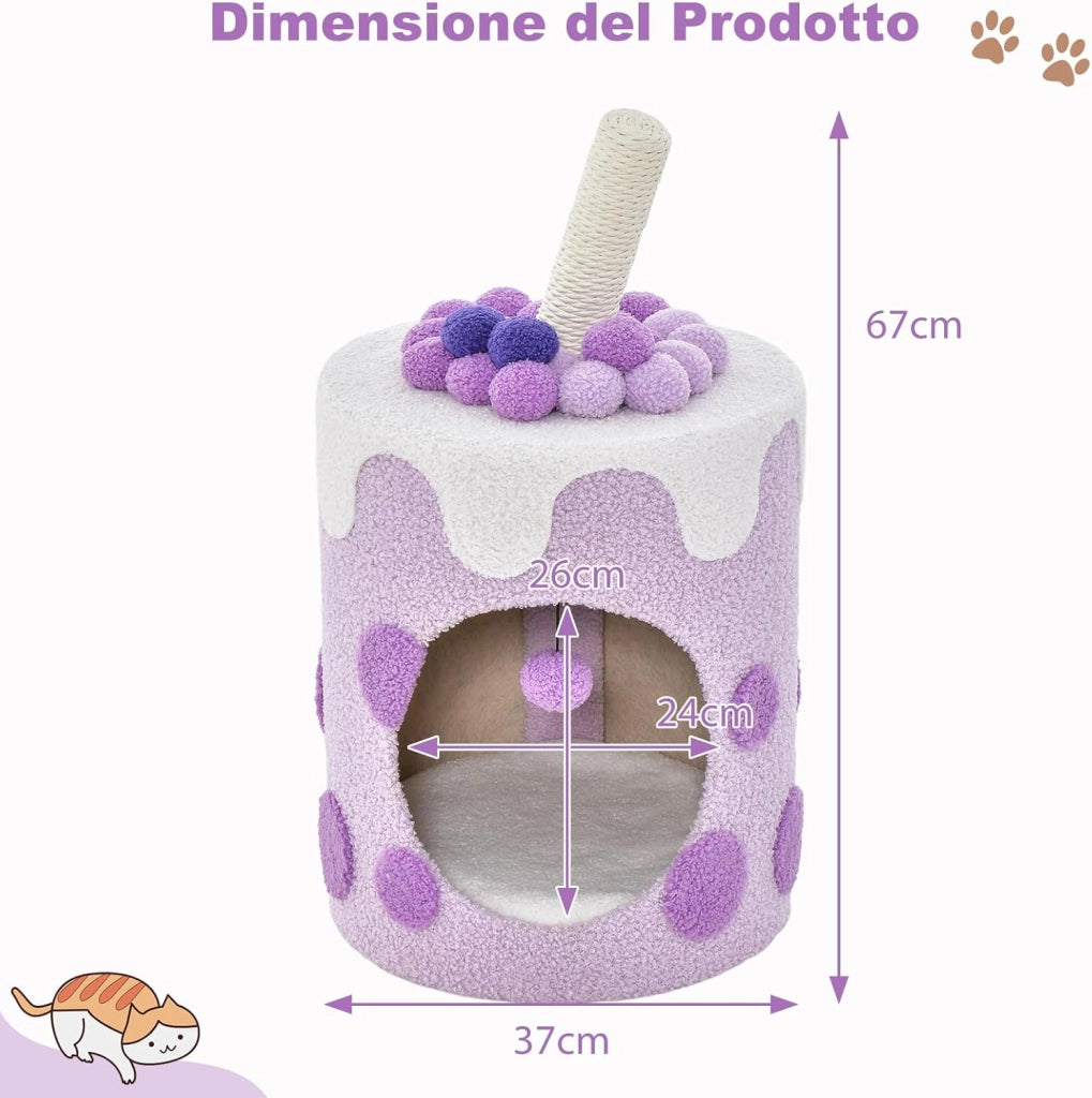 Cuccia per Gatti a Forma di Bubble Tea, Casetta per Gatti con Tiragraffi in Sisal e Palline Appese, Albero per Gattini da Interno, 37 cm x 37 cm x 67 cm (Viola e Bianco)