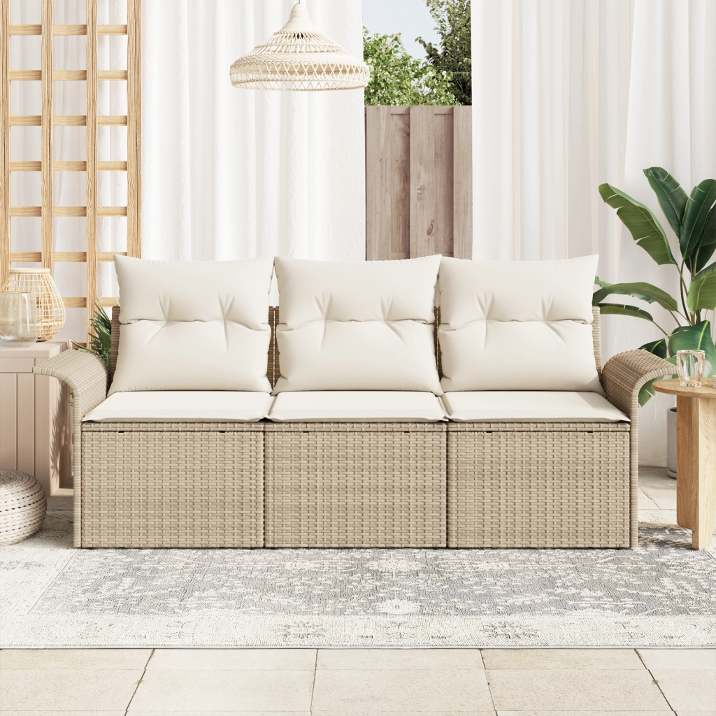 Set Divano Giardino 3 Pezzi con Cuscini Beige Polyrattan