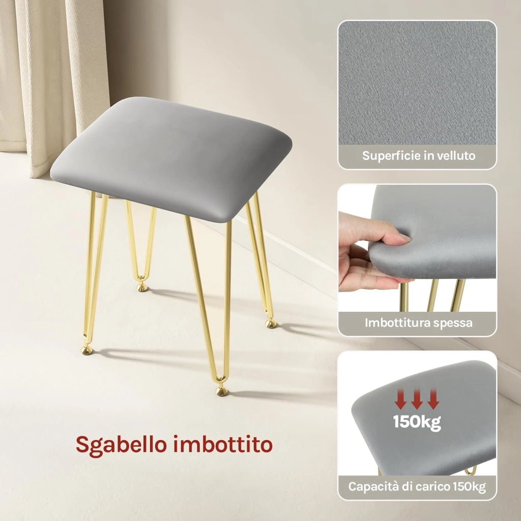Toeletta Trucco con Luci LED, Luminosità Regolabile, Postazione Tavolo Make Up con Sgabello in Velluto, 3 Cassetti, Facile Montaggio, Moderno, Bianco+Grigio, MB6108gr