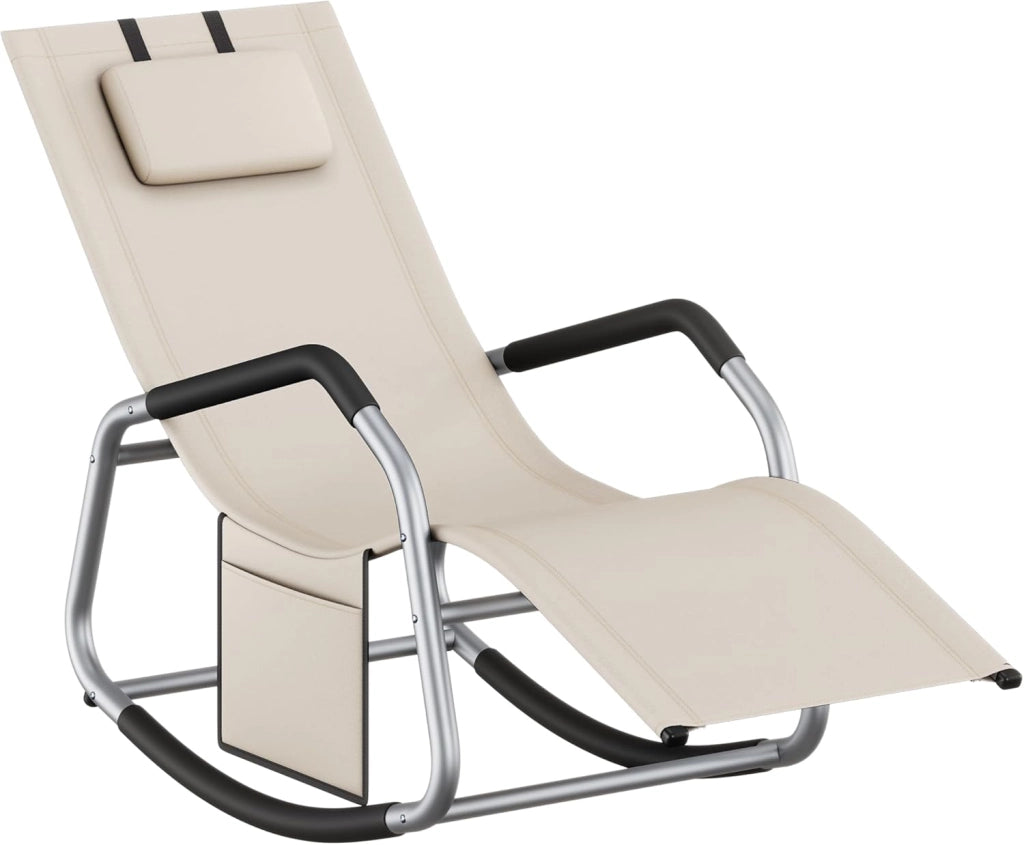 SONGMICS Sedia a Dondolo, Sedia a Sdraio Antiribaltamento, Cuscino Regolabile, Telaio in Acciaio, Tessuto Respirante, Tasca Portaoggetti, 151 x 56,2 x 97,3 cm, Beige GCB230WZ01