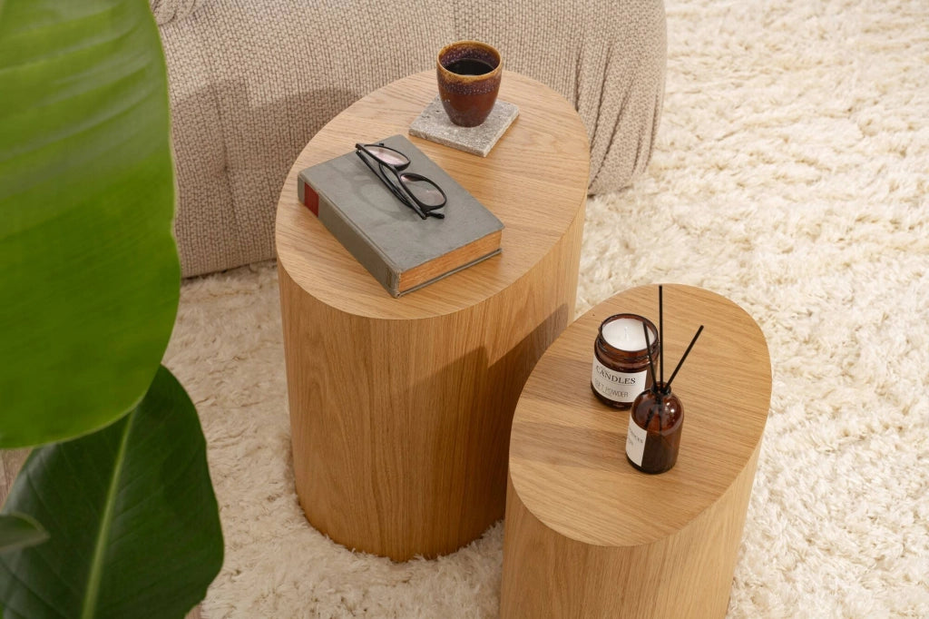 Set di 2 tavolini da salotto Beron, Tavolo basso da caffè, Portariviste per divano, Ripiano da soggiorno, 34x40 h49 cm, Quercia