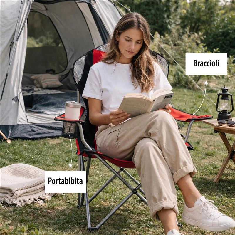 SEDIA DA CAMPING IN TESSUTO ROSSO CON CHIUSURA A FISARMONICA POGGIOLI E PORTA BEVANDE  60X90X105 CM