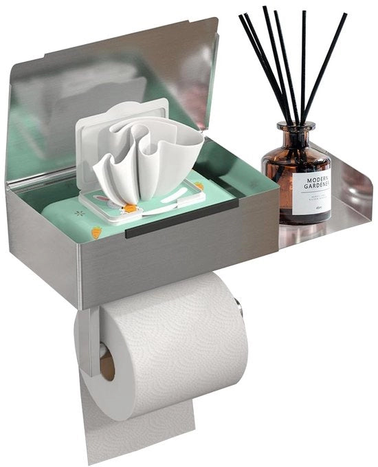 Sostegno per rotoli di carta igienica senza perforazione, sostegno per rotoli di carta igienica con cassetta per asciugamani umidi, sostegno per rotoli di carta igienica con mensola per cucina e bagno, argento