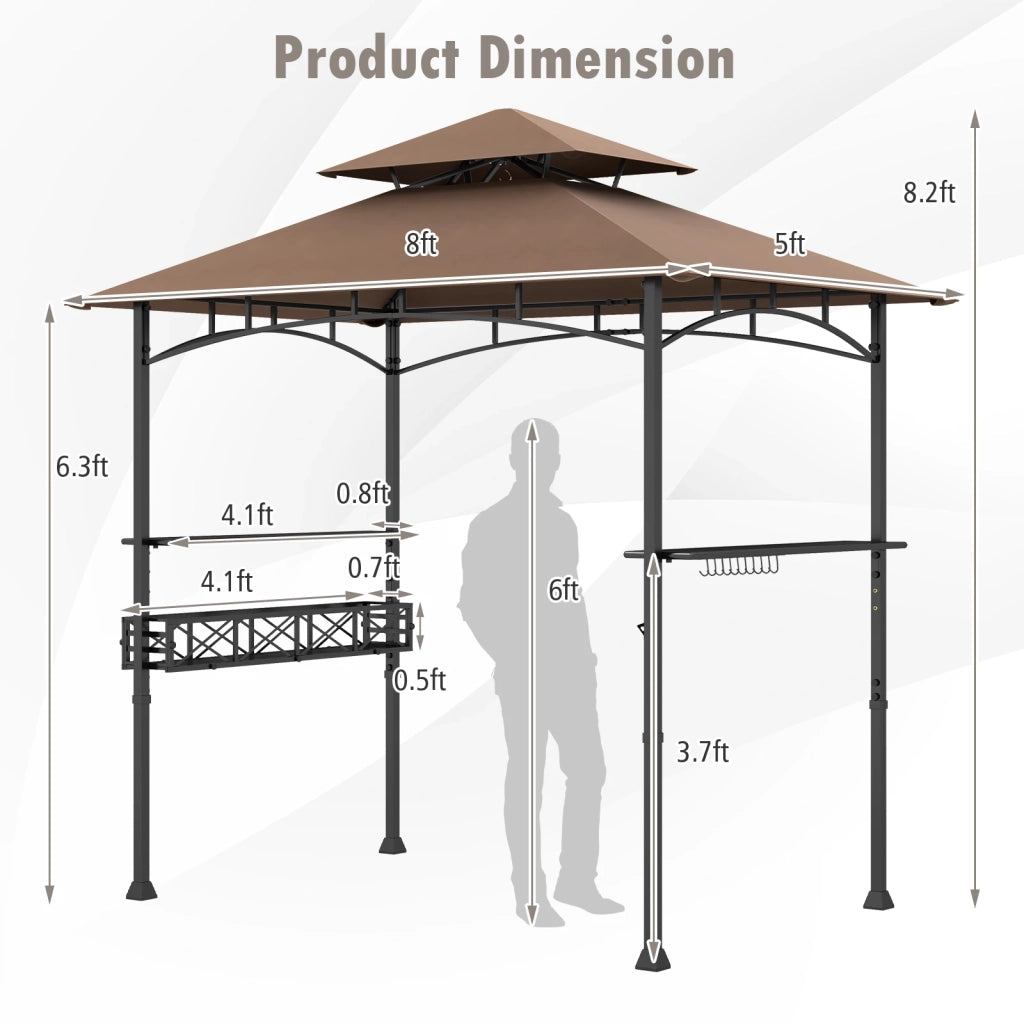 Gazebo per Barbecue da Giardino 8 x 5 Feet Marrone con 2 Ripiani Laterali e Ganci Resistente per Esterno