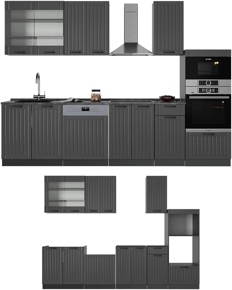 Cucina componibile Fame-Line, Grigio scuro, 300 cm con armadio alto, senza piano di lavoro