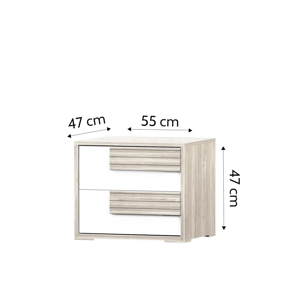 Comodino Selva 2 Cassetti rovere sbiancato e Bianco Lucido – Luminosità e design