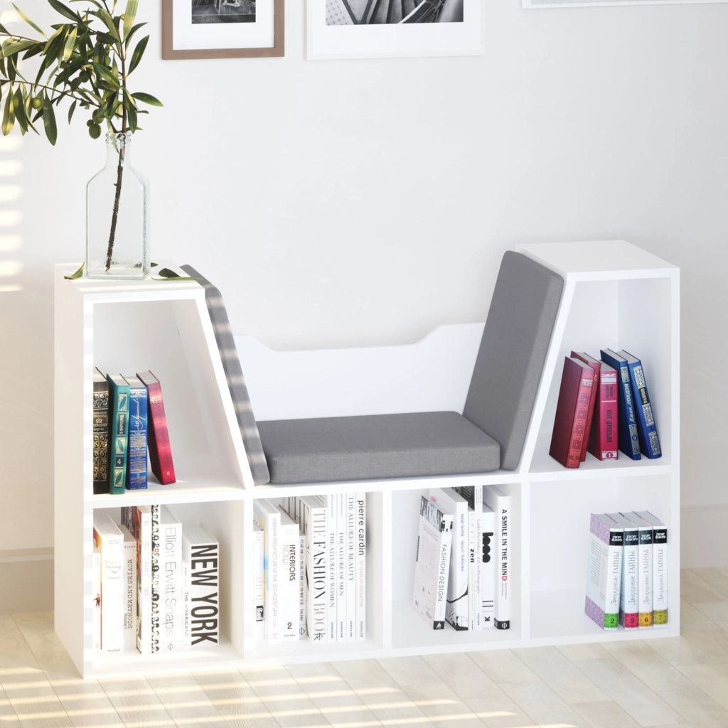 Mobile Libreria 102x30x61 cm a 6 Sezioni Seduta con Cuscini Morbidi in Legno Spugna e Poliestere Bianco