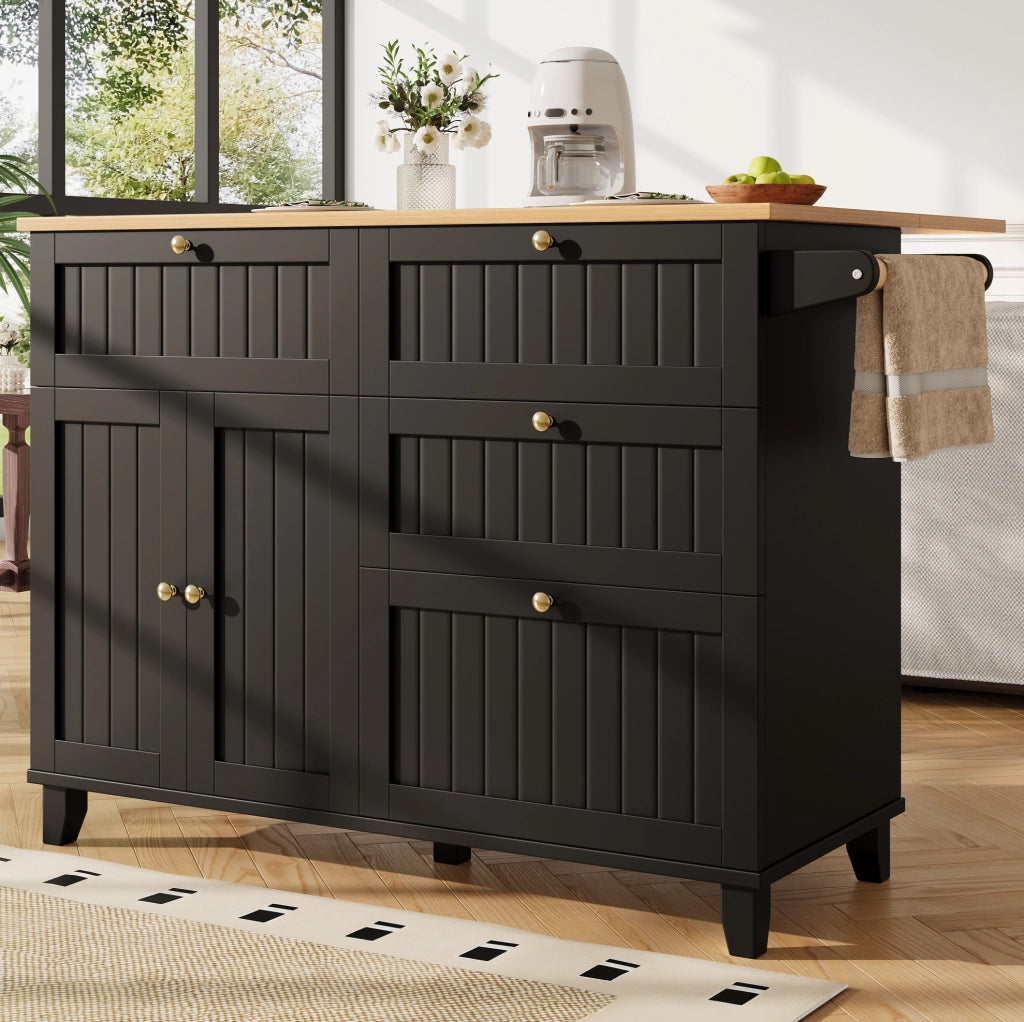 Isola da cucina mobile pieghevole in MDF nero con ruote
