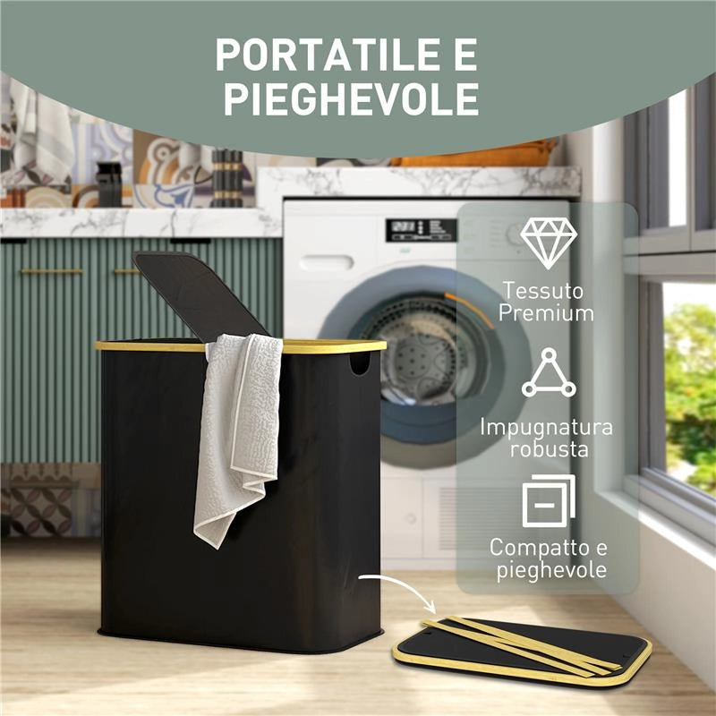 CESTO PORTABIANCHERIA DA 80L A 2 SEZIONI CON COPERCHIO IN TESSUTO NON TESSUTO E BAMBÙ 54X34X58.5 CM NERO