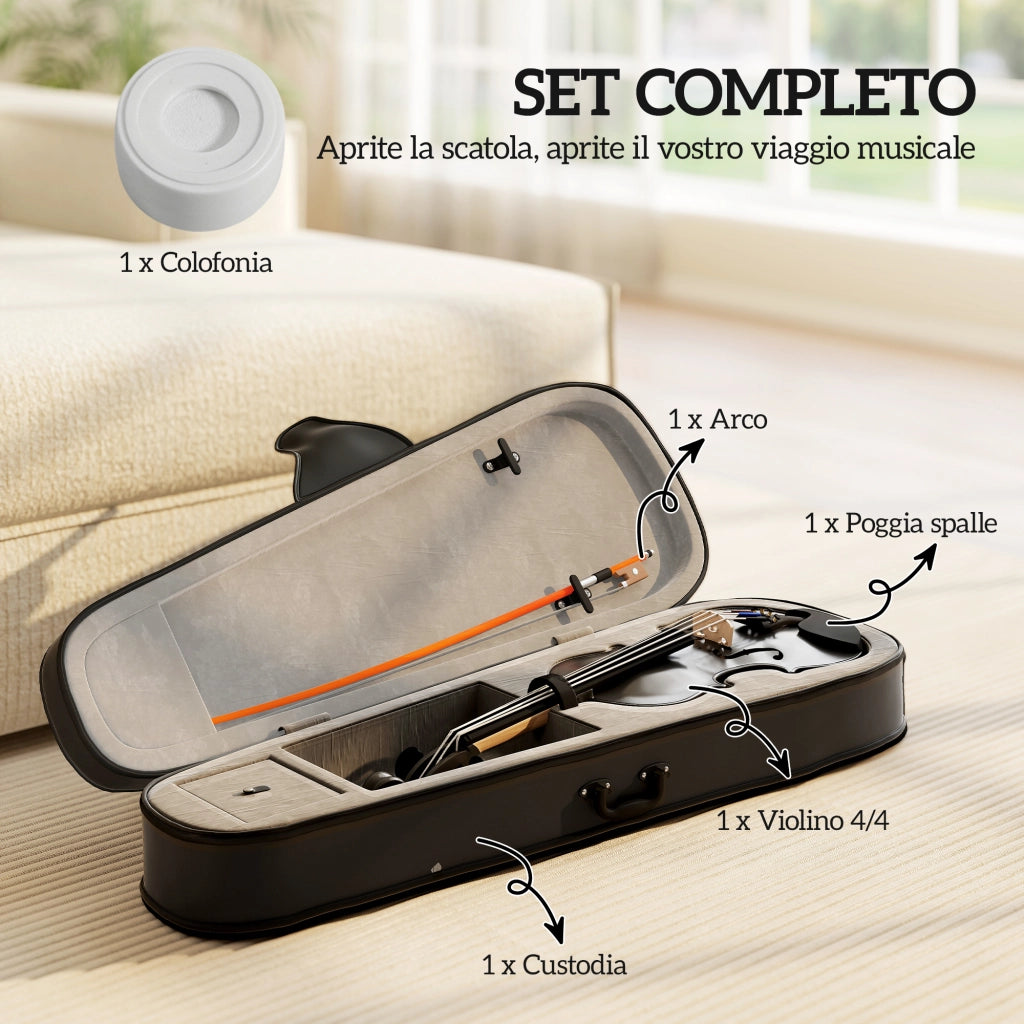 Violino 4/4 in Legno di Abete e Acero con Custodia Arco Spalliera e Pece Nero